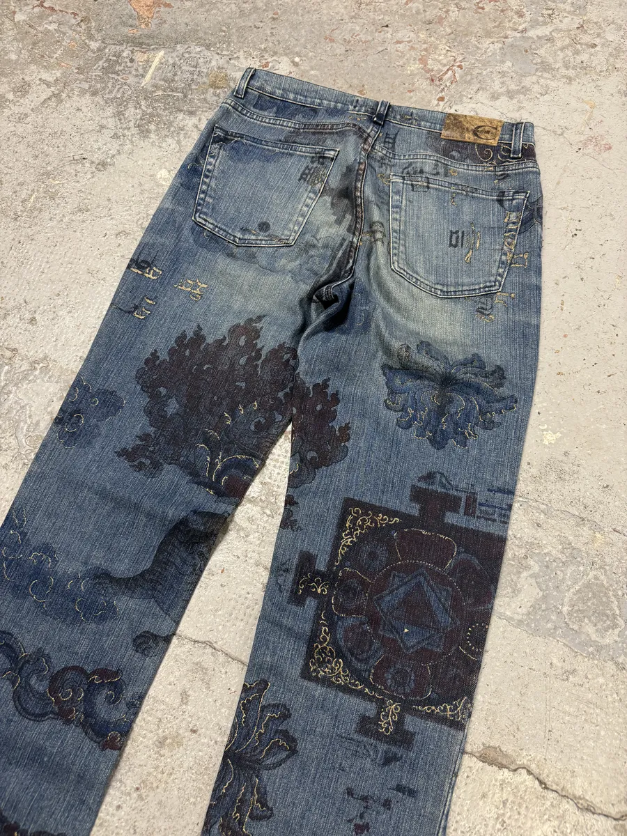 AW2003 Cavalli Blue Asian Gold Print Denim Jeans - Image 7
