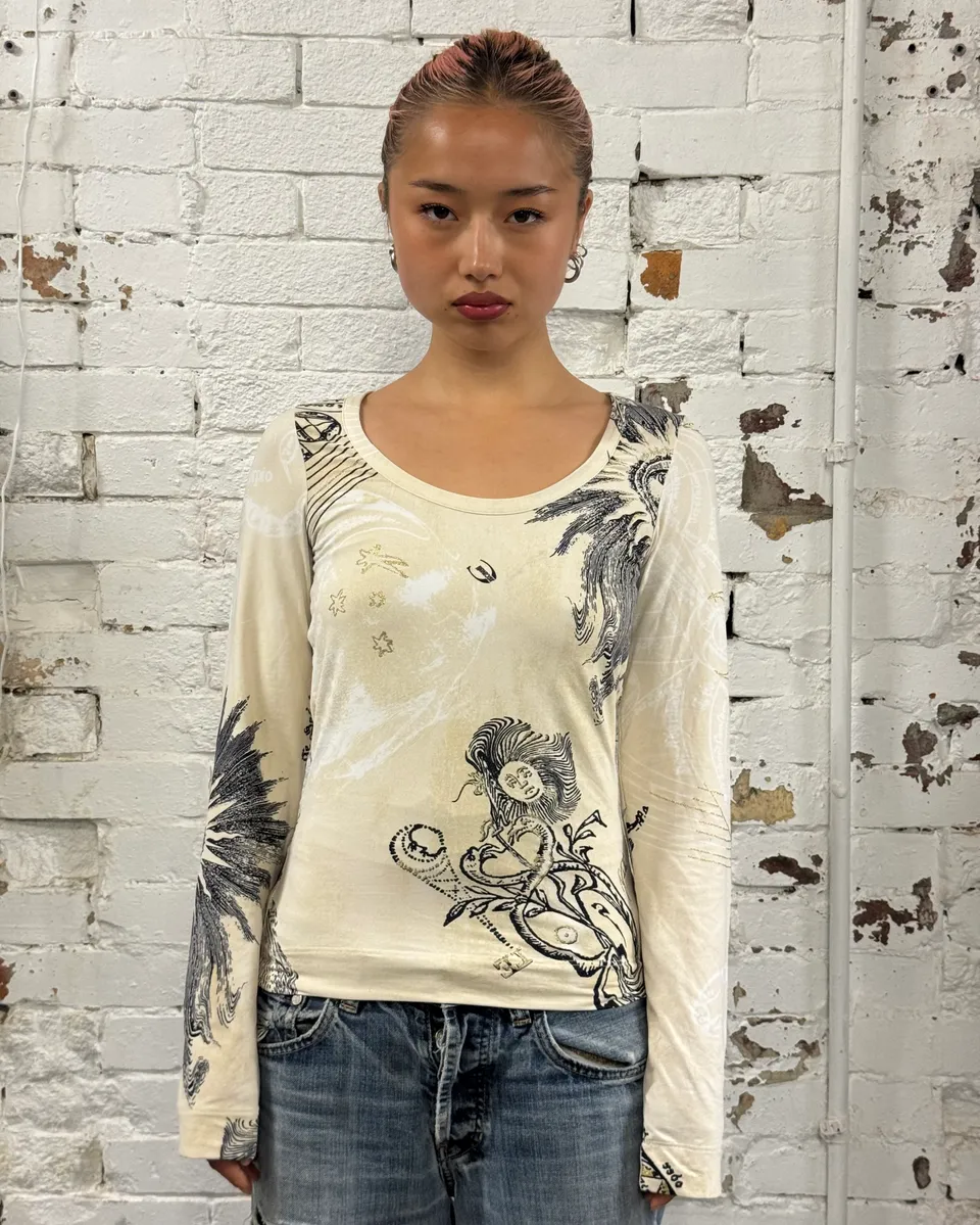 AW2003 Cavalli Ink Print Creamy Beige Longsleeve T-Shirt - Image 2