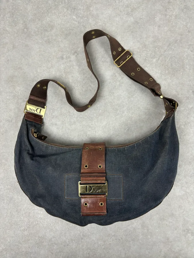 AW2003 Christian Dior Half Moon Navy Denim Leather Studded Bag