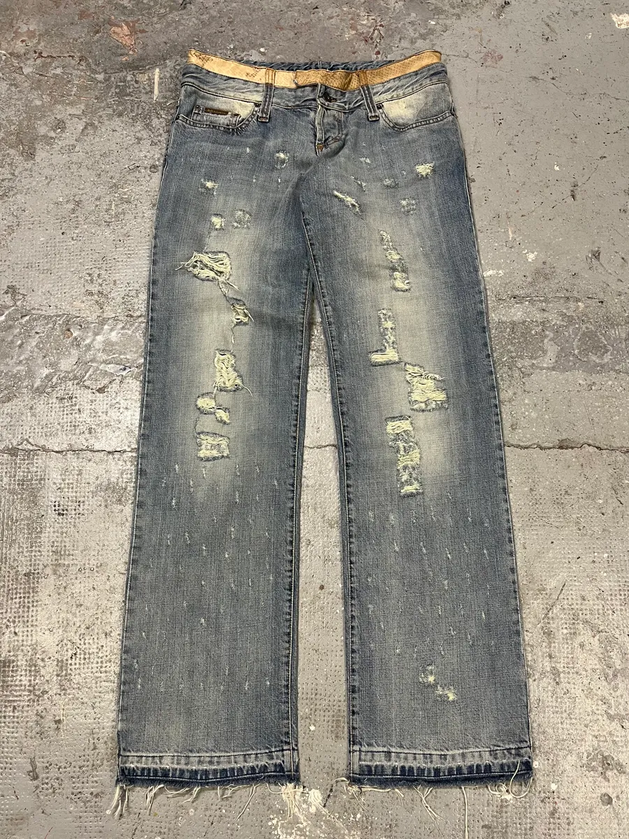 AW2003 Dolce & Gabbana Blue Distressed Double Waisted Denim Jeans