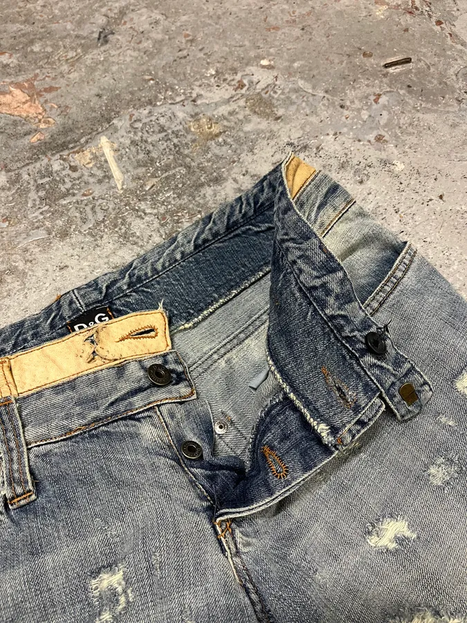 AW2003 Dolce & Gabbana Blue Distressed Double Waisted Denim Jeans - Image 12
