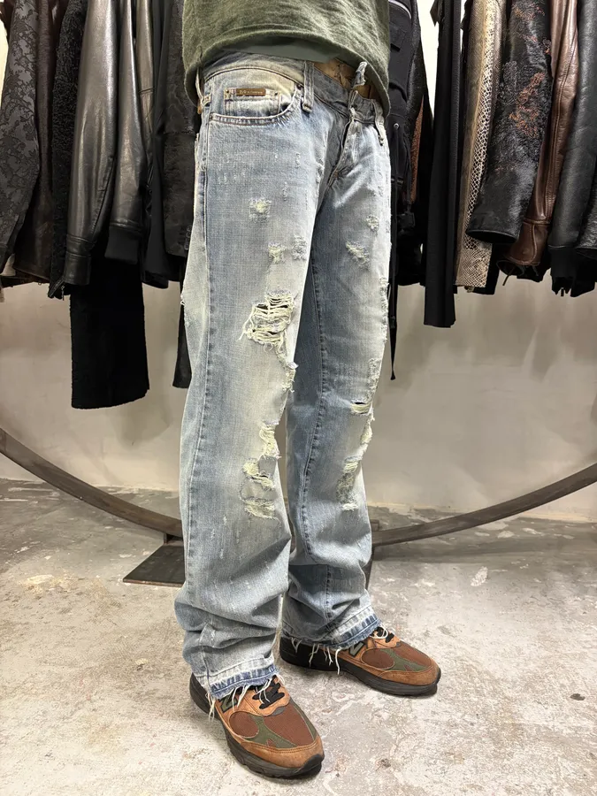 AW2003 Dolce & Gabbana Blue Distressed Double Waisted Denim Jeans - Image 2