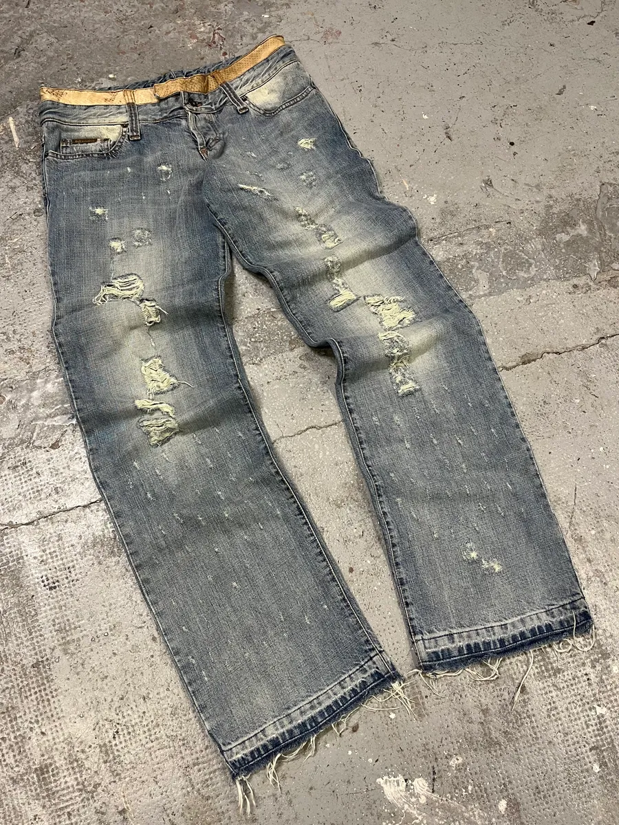 AW2003 Dolce & Gabbana Blue Distressed Double Waisted Denim Jeans - Image 3