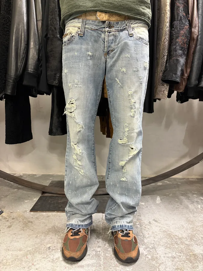 AW2003 Dolce & Gabbana Blue Distressed Double Waisted Denim Jeans - Image 4