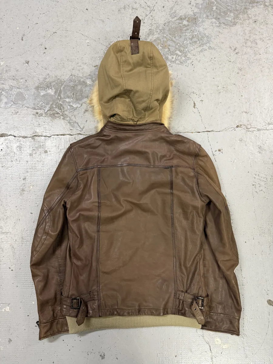 AW2003 Dolce & Gabbana Brown Fur Hooded Buffalo Leather Jacket - Image 2