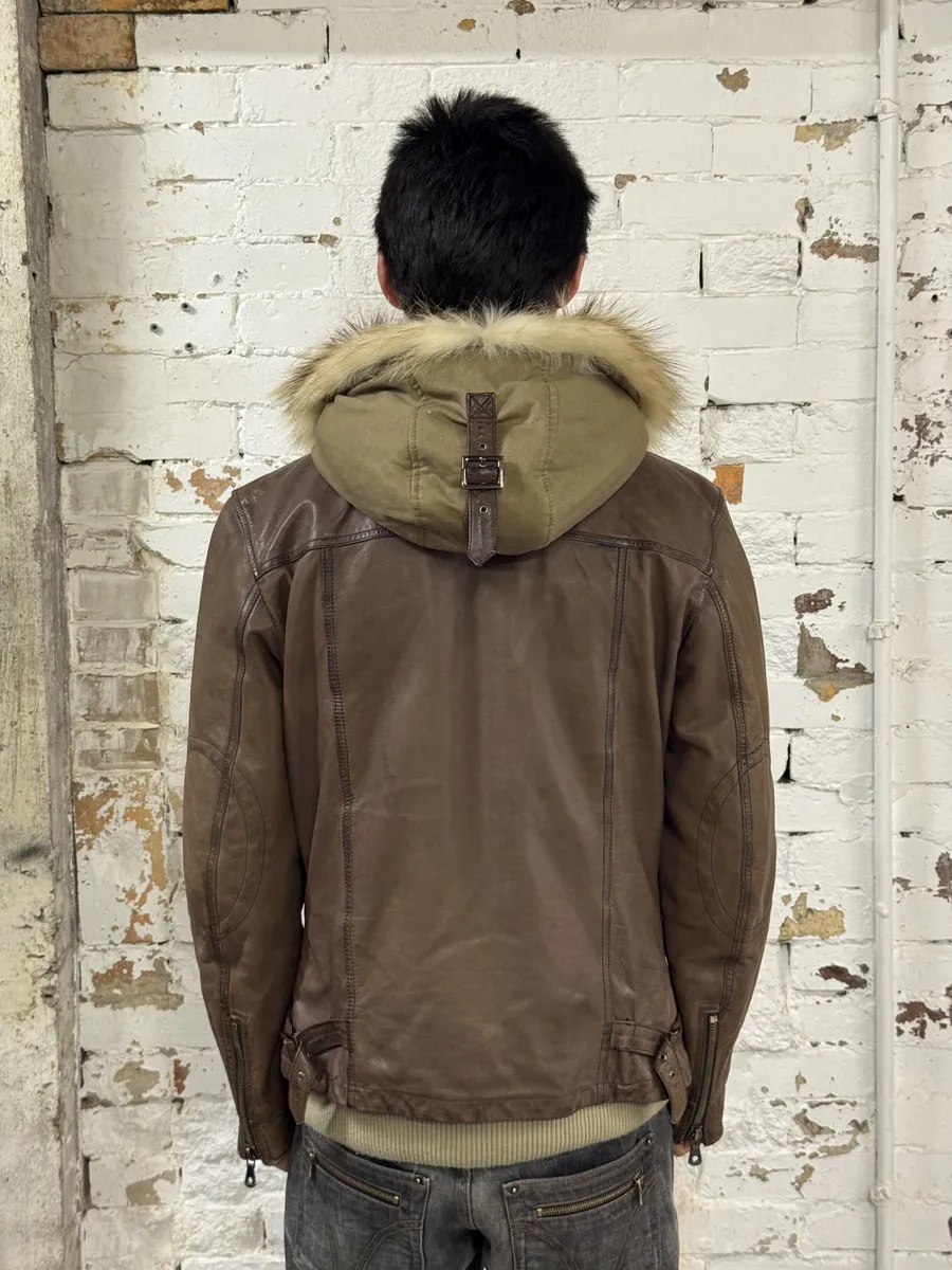 AW2003 Dolce & Gabbana Brown Fur Hooded Buffalo Leather Jacket - Image 4