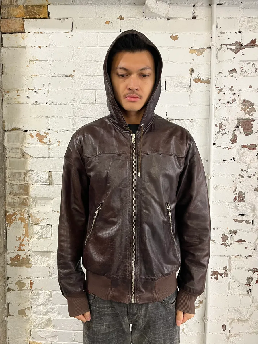 AW2003 Dolce & Gabbana Brown Hooded Leather Jacket - Image 2