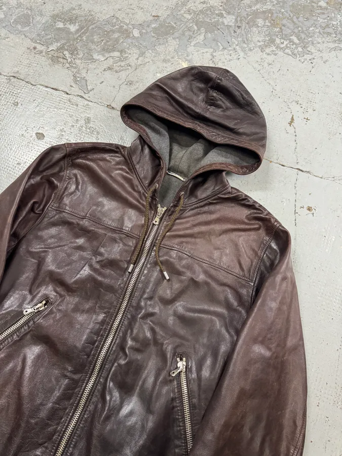 AW2003 Dolce & Gabbana Brown Hooded Leather Jacket - Image 4