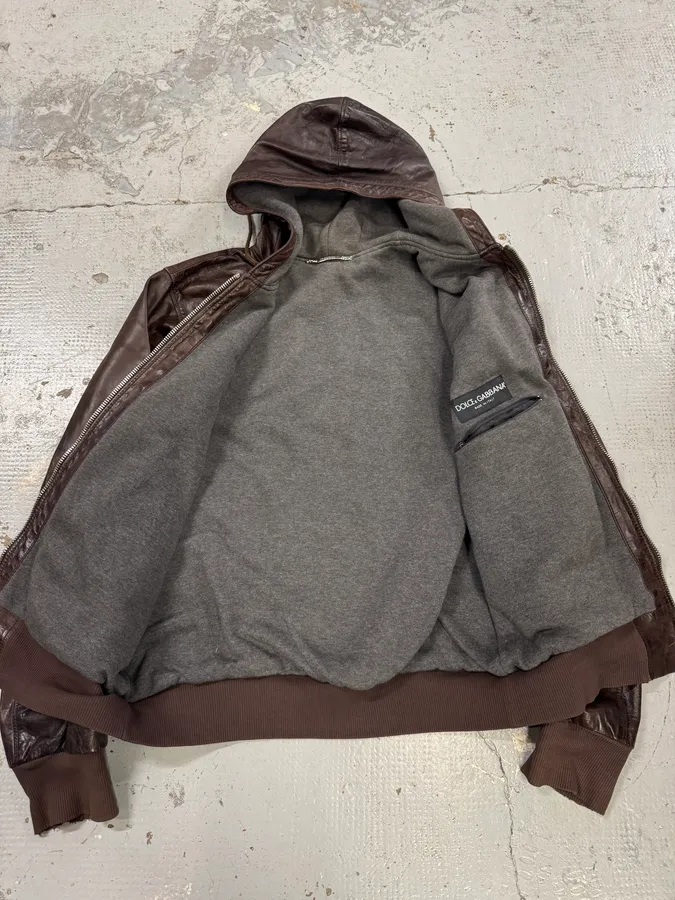 AW2003 Dolce & Gabbana Brown Hooded Leather Jacket - Image 6