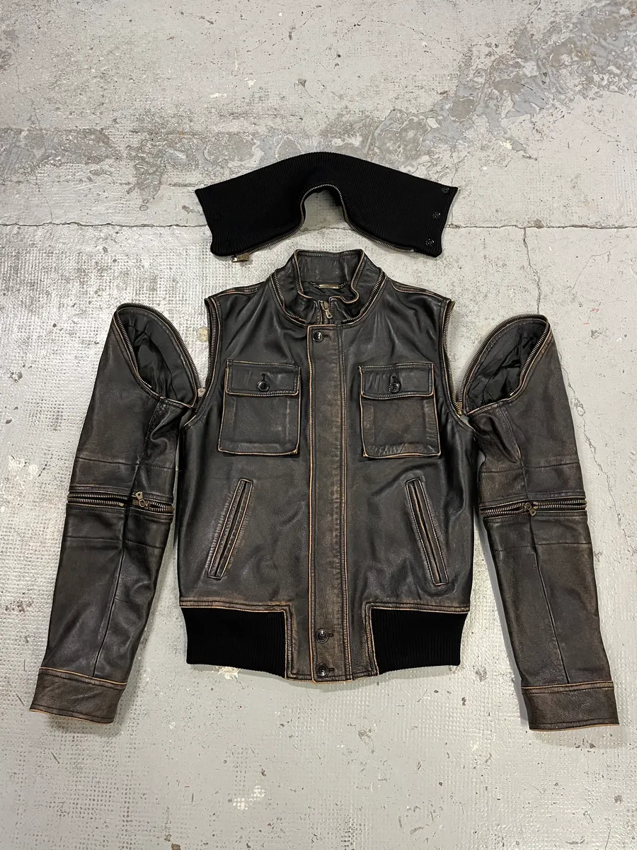 AW2003 Dolce & Gabbana Brown Horse Leather Zip Detachables Sleeves Jacket