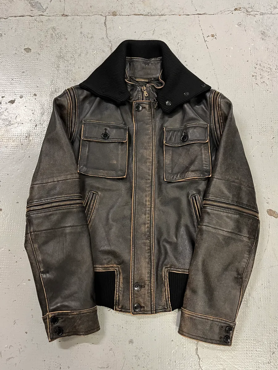 AW2003 Dolce & Gabbana Brown Horse Leather Zip Detachables Sleeves Jacket - Image 3