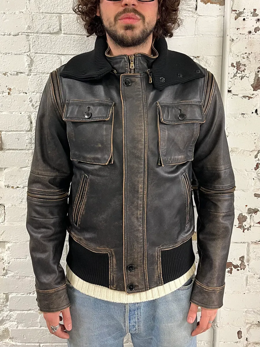 AW2003 Dolce & Gabbana Brown Horse Leather Zip Detachables Sleeves Jacket - Image 4