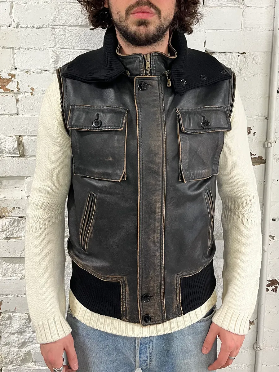 AW2003 Dolce & Gabbana Brown Horse Leather Zip Detachables Sleeves Jacket - Image 5