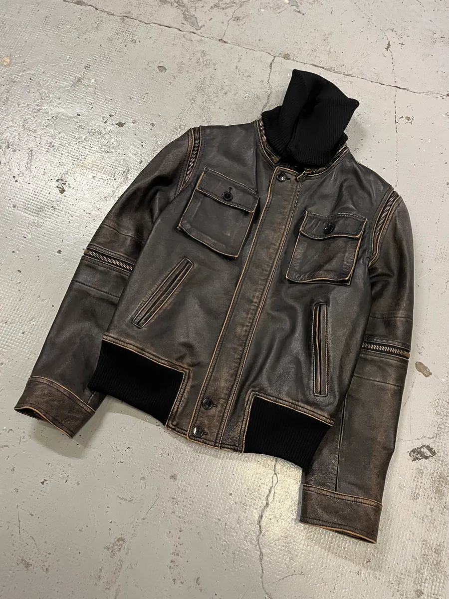 AW2003 Dolce & Gabbana Brown Horse Leather Zip Detachables Sleeves Jacket - Image 8