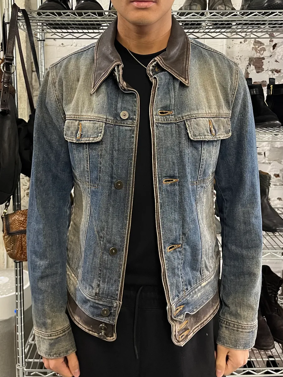 AW2003 Dolce & Gabbana Double Waisted Leather Blue Faded Denim Jacket - Image 2