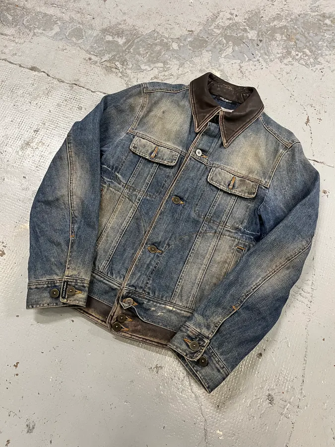 AW2003 Dolce & Gabbana Double Waisted Leather Blue Faded Denim Jacket - Image 4