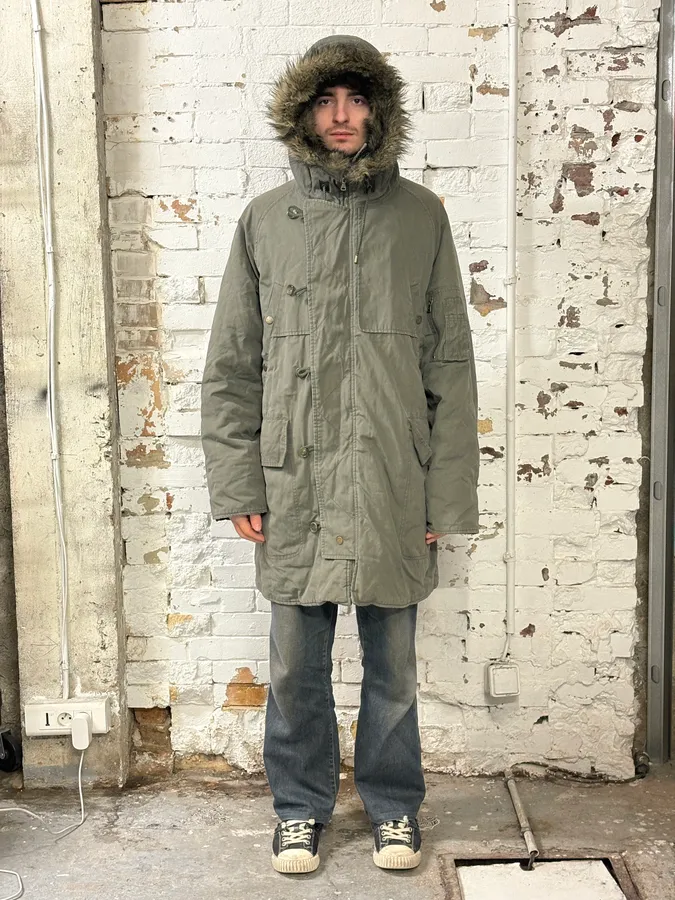 AW2003 Dolce & Gabbana Fur Hooded Khaki Green Long Coat - Image 2