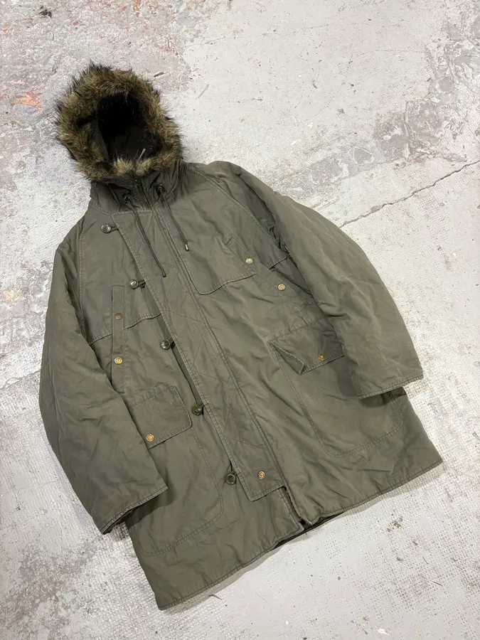 AW2003 Dolce & Gabbana Fur Hooded Khaki Green Long Coat - Image 4