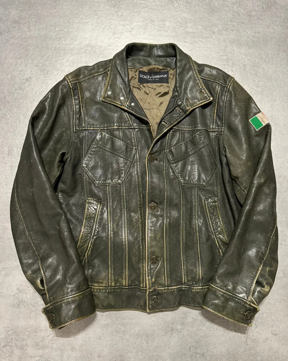 AW2003 Dolce & Gabbana Green Aged Patina Leather Italian Jacket - Image 2