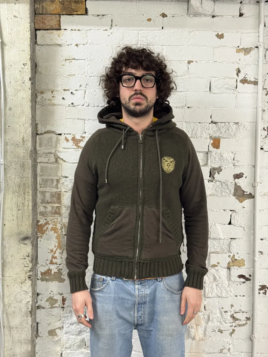 AW2003 Dolce & Gabbana Khaki Green Wool Zip-up Hoodie - Image 3