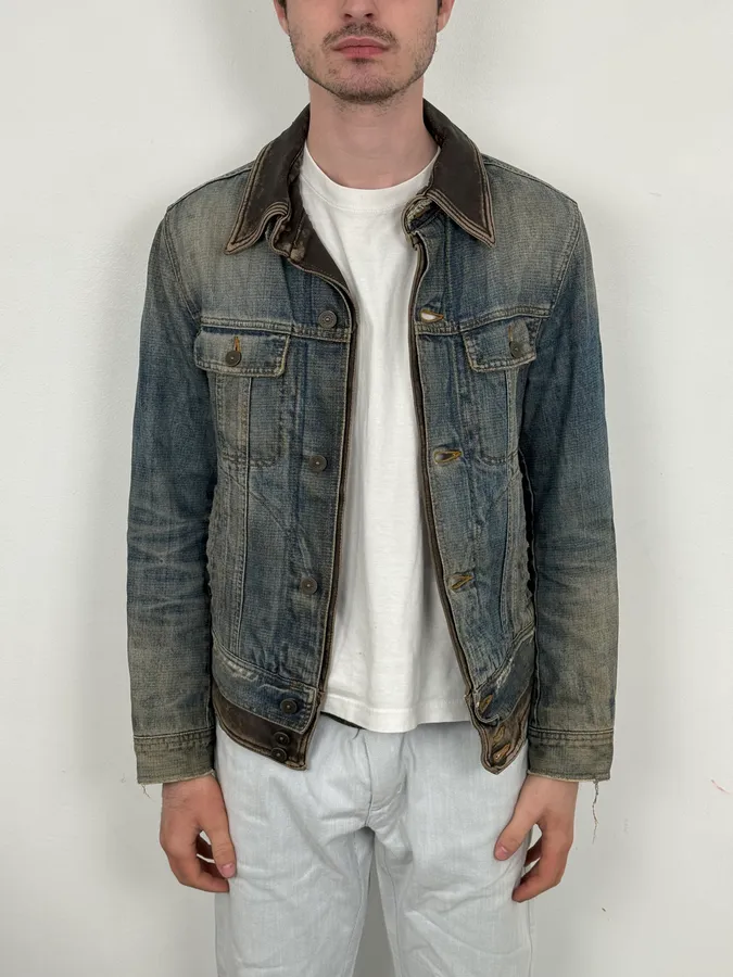 AW2003 Dolce & Gabbana Layered Leather & Faded Denim Jacket - Image 2