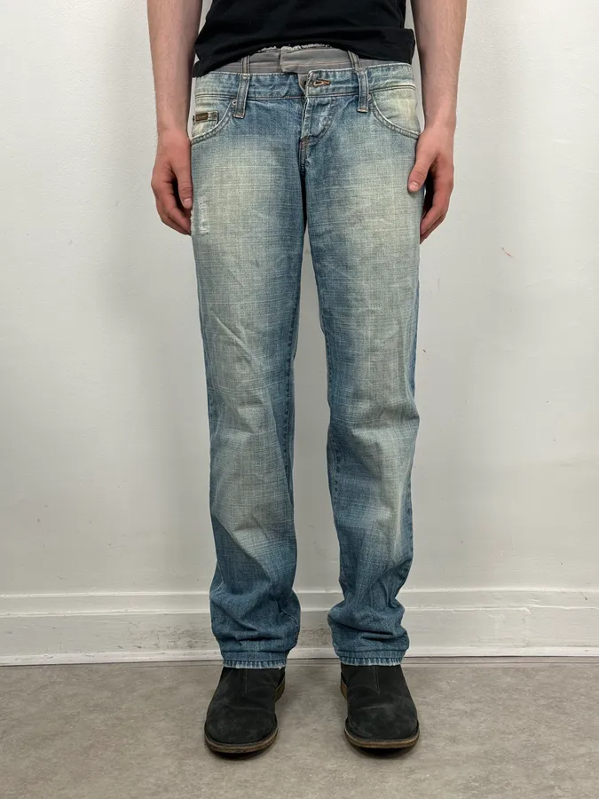 AW2003 Dolce & Gabbana Light Blue Distressed Double Waisted Jeans - Image 2