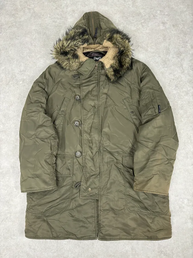 AW2003 Dolce & Gabbana Military Green Hooded Long Aviator Jacket