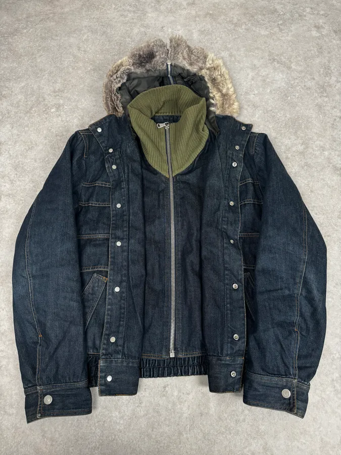 AW2003 Dolce & Gabbana Navy Denim Fur Hood Jacket - Image 2