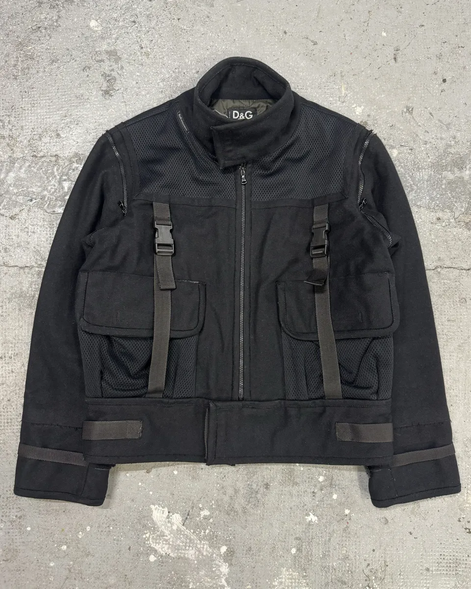 AW2003 Dolce & Gabbana Navy Strap Bondage Bomber Jacket with Detachable Sleeves - Image 5