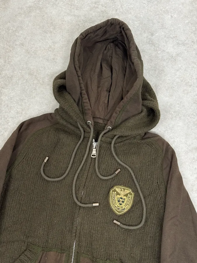AW2003 Dolce & Gabbana Olive Green Wool Hooded Zip-up Sweater - Image 6