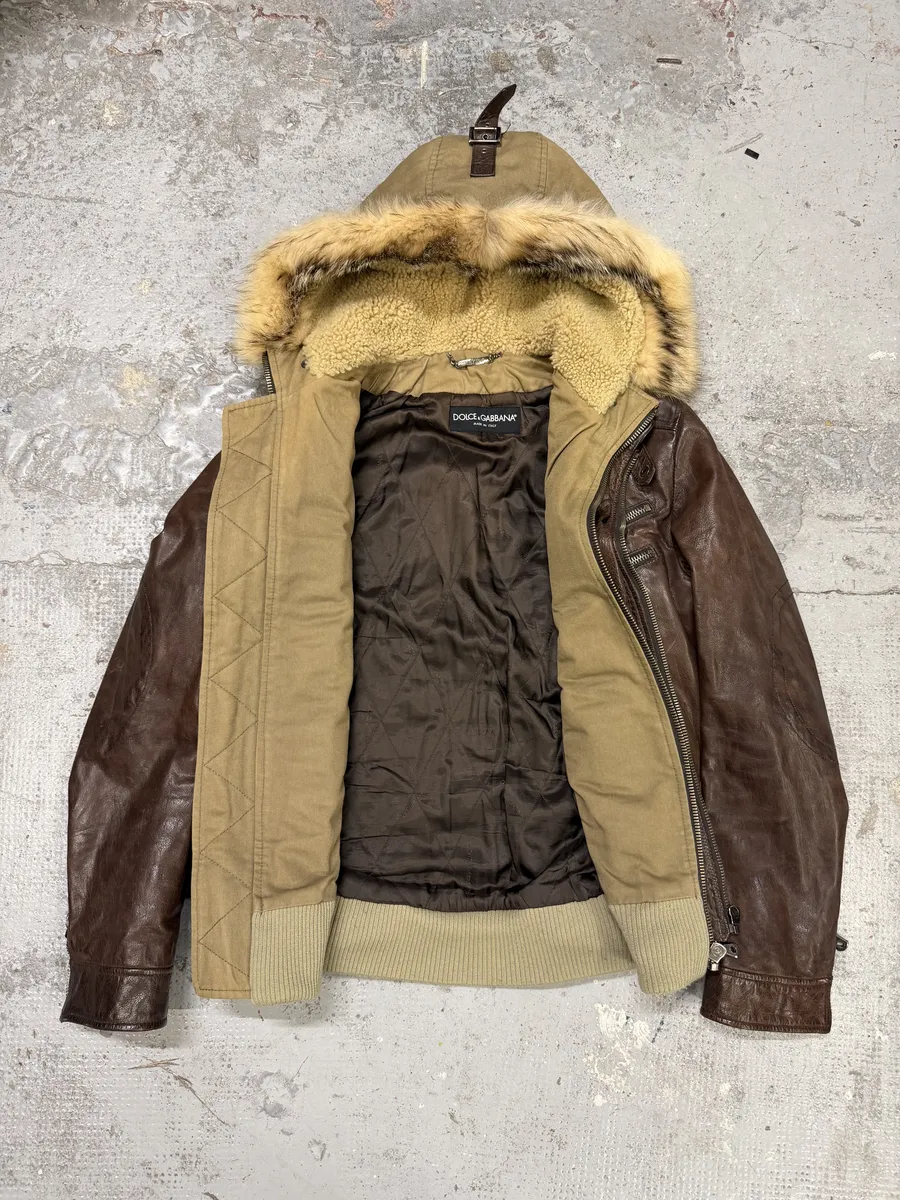 AW2003 Dolce & Gabbana Parachute Buffalo Shearling Brown Leather Fur Hooded Jacket - Image 10