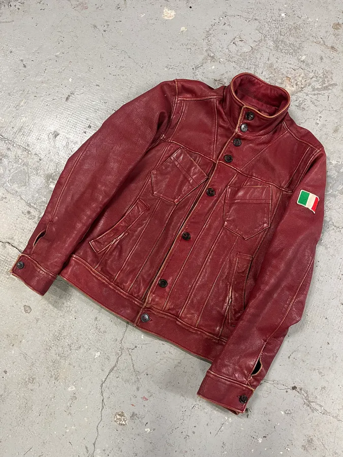AW2003 Dolce & Gabbana Red Leather Italian Buttoned Jacket - Image 5