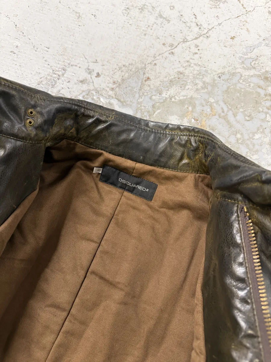 AW2003 Dsquared2 Brown Eroded Patina Leather Biker Jacket - Image 14