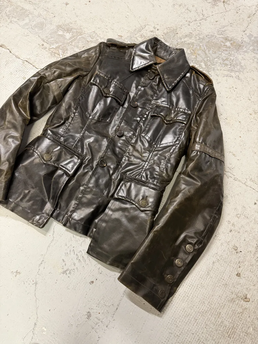 AW2003 Dsquared2 Brown Eroded Patina Leather Biker Jacket - Image 5