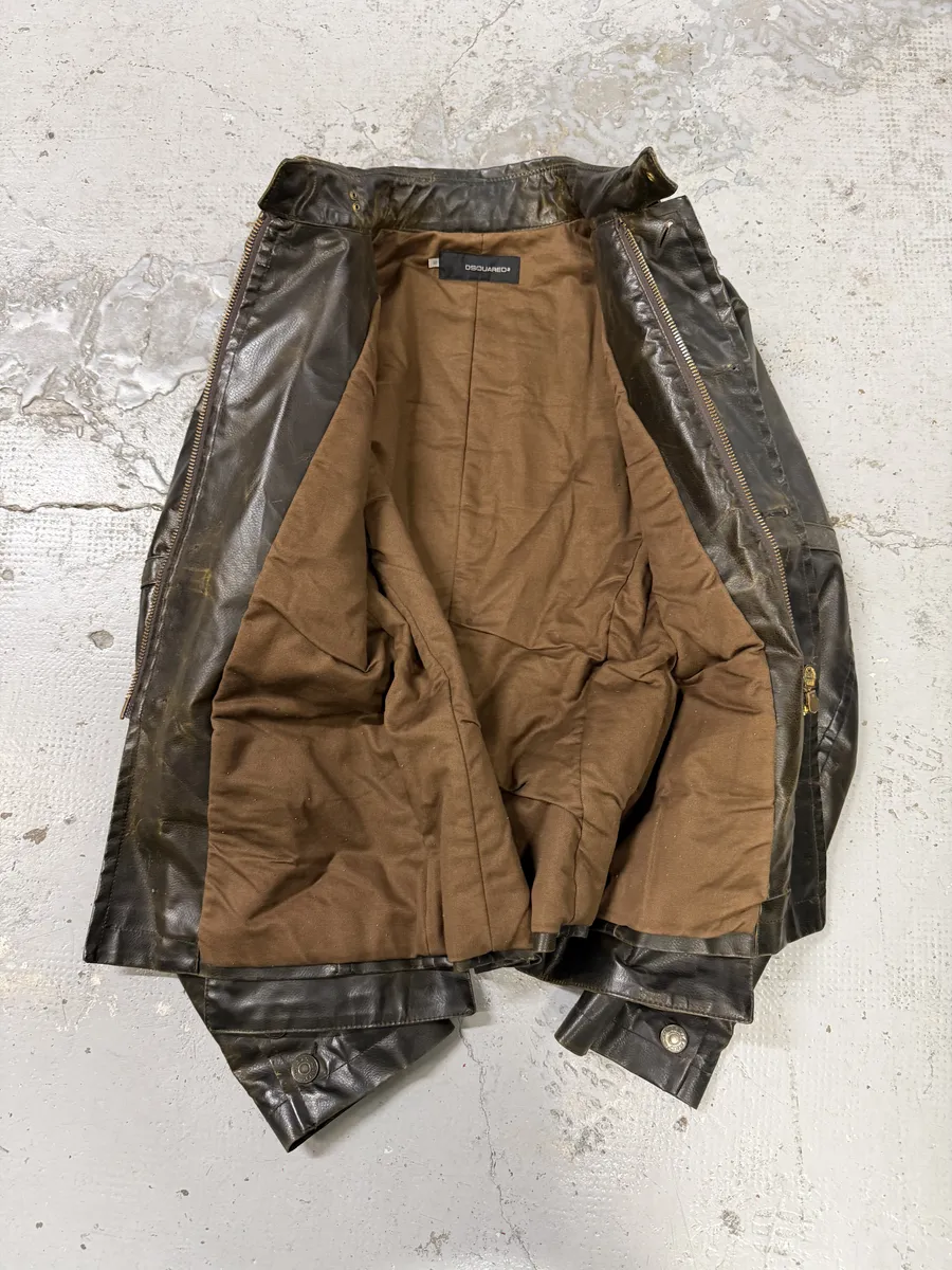 AW2003 Dsquared2 Brown Eroded Patina Leather Biker Jacket - Image 6