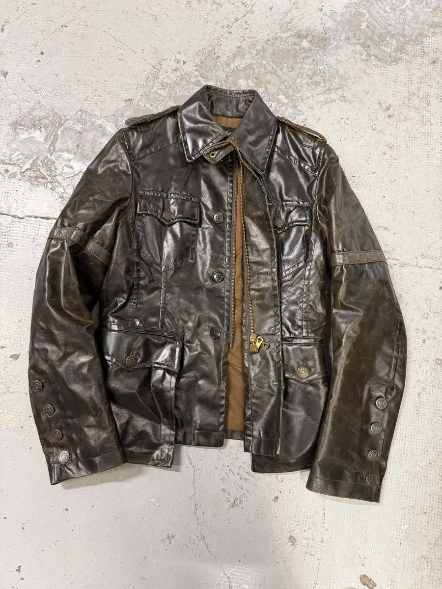 AW2003 Dsquared2 Brown Eroded Patina Leather Biker Jacket - Image 7