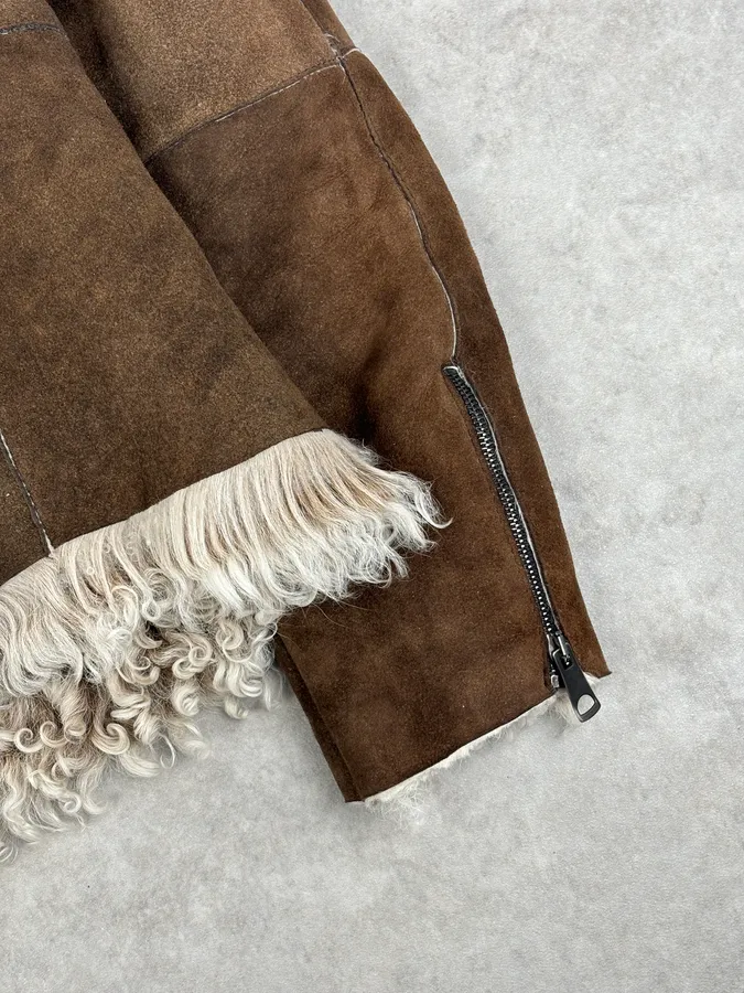 AW2003 Emporio Armani Brown Beige Shearling Fur-Lined Leather Jacket - Image 11