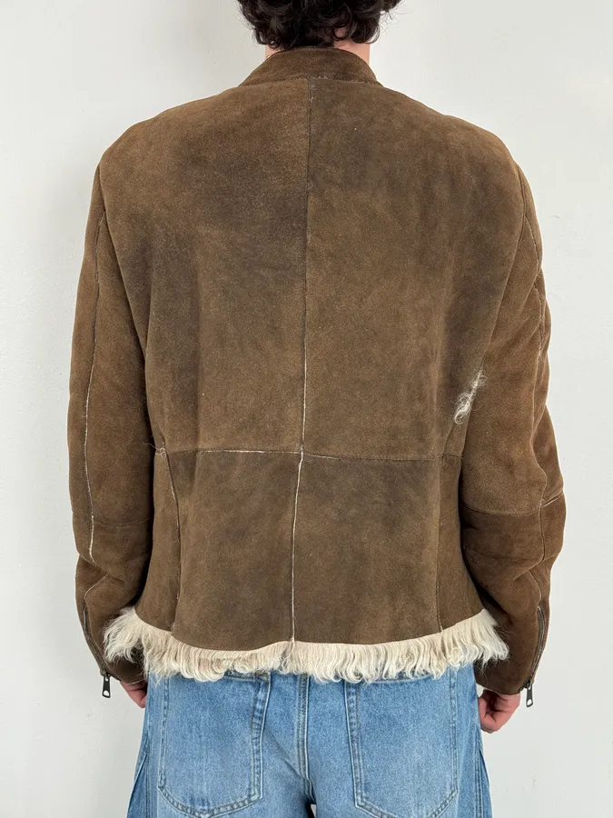 AW2003 Emporio Armani Brown Beige Shearling Fur-Lined Leather Jacket - Image 3