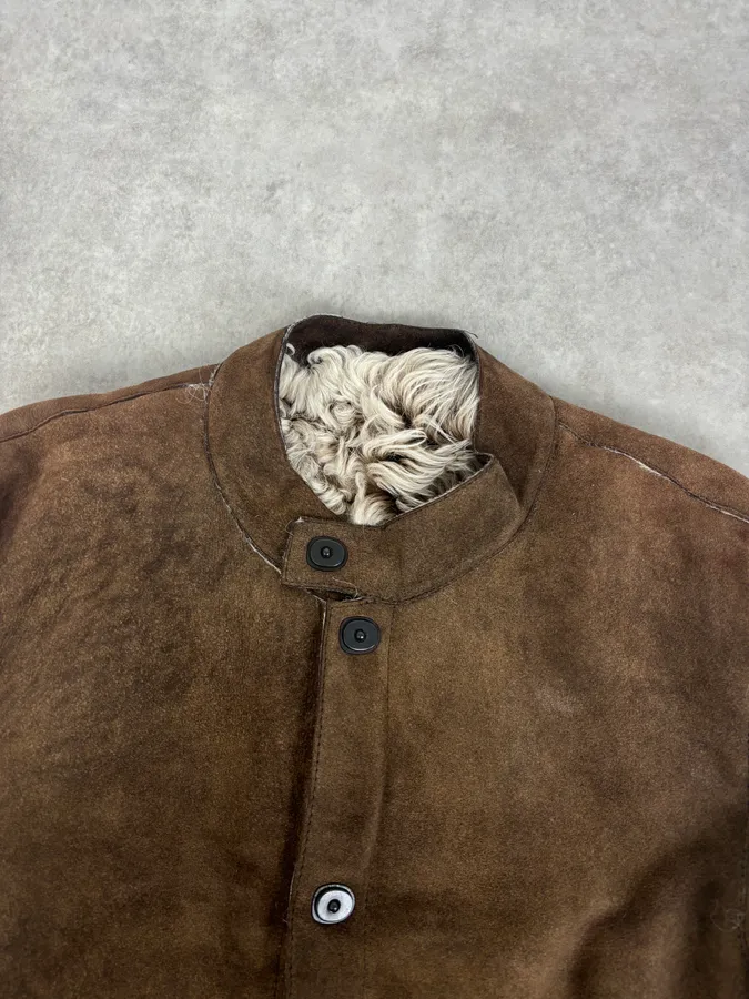 AW2003 Emporio Armani Brown Beige Shearling Fur-Lined Leather Jacket - Image 4