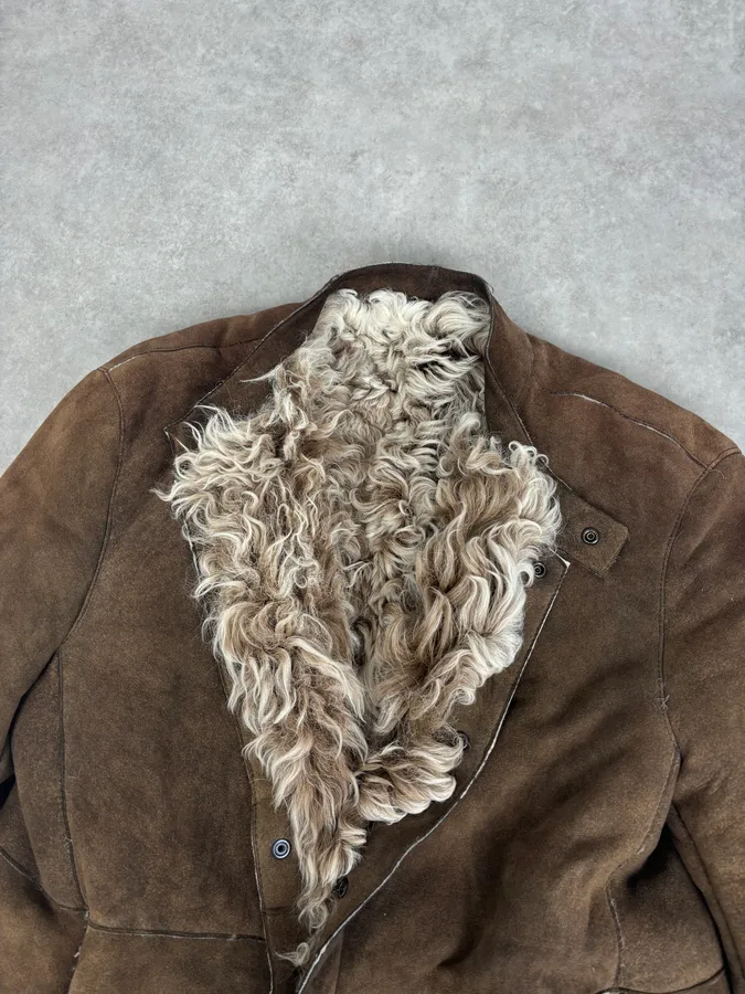 AW2003 Emporio Armani Brown Beige Shearling Fur-Lined Leather Jacket - Image 7