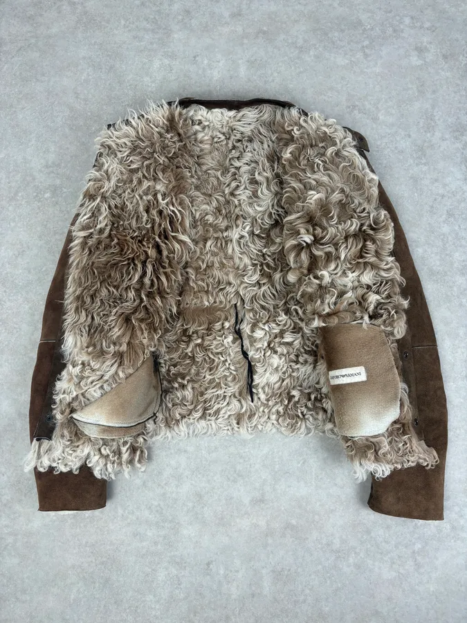 AW2003 Emporio Armani Brown Beige Shearling Fur-Lined Leather Jacket - Image 8