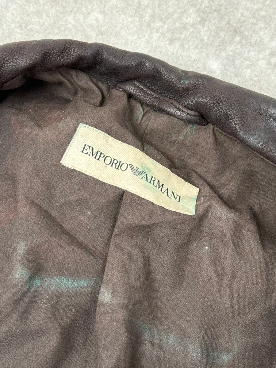 AW2003 Emporio Armani Brown Grained Leather Biker Jacket - Image 11