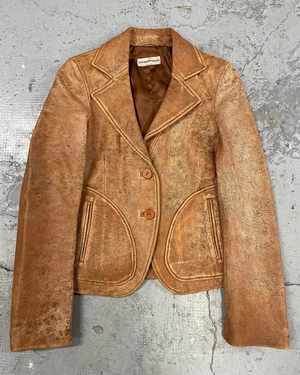 AW2003 Emporio Armani Raw Distressed Leather Suit Jacket