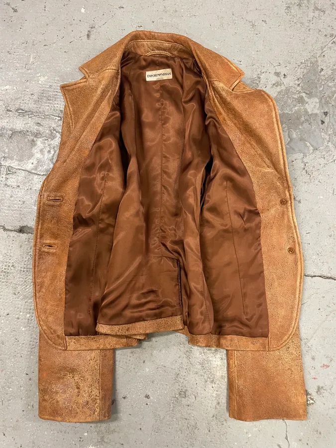 AW2003 Emporio Armani Raw Distressed Leather Suit Jacket - Image 5