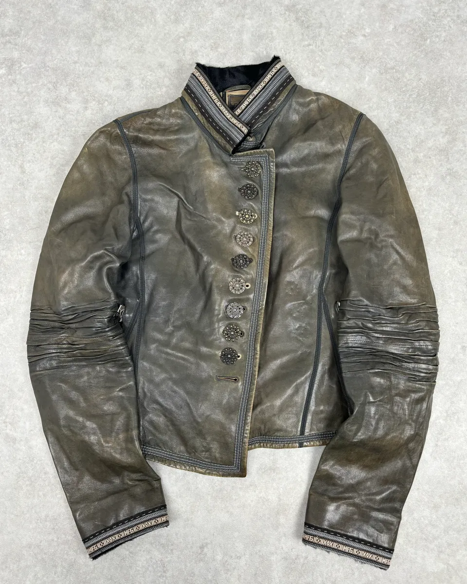AW2003 Marithé + François Girbaud Grey Eroded Buttoned Asymmetrical Leather Jacket