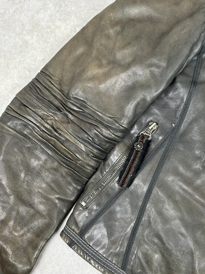 AW2003 Marithé + François Girbaud Grey Eroded Buttoned Asymmetrical Leather Jacket - Image 10