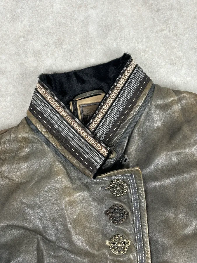 AW2003 Marithé + François Girbaud Grey Eroded Buttoned Asymmetrical Leather Jacket - Image 4