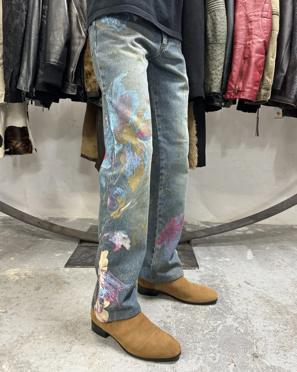 AW2003 Roberto Caballi Painted Flowers Art Blue Faded Denim Jeans