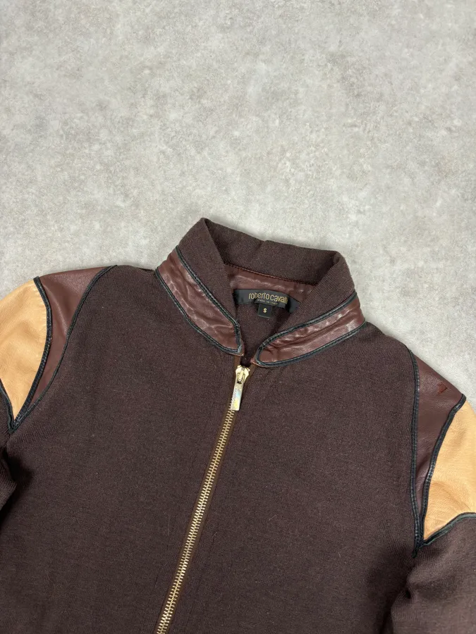 AW2003 Roberto Cavalli Brown & Beige Hybrid Leather Zip-up Jacket - Image 4
