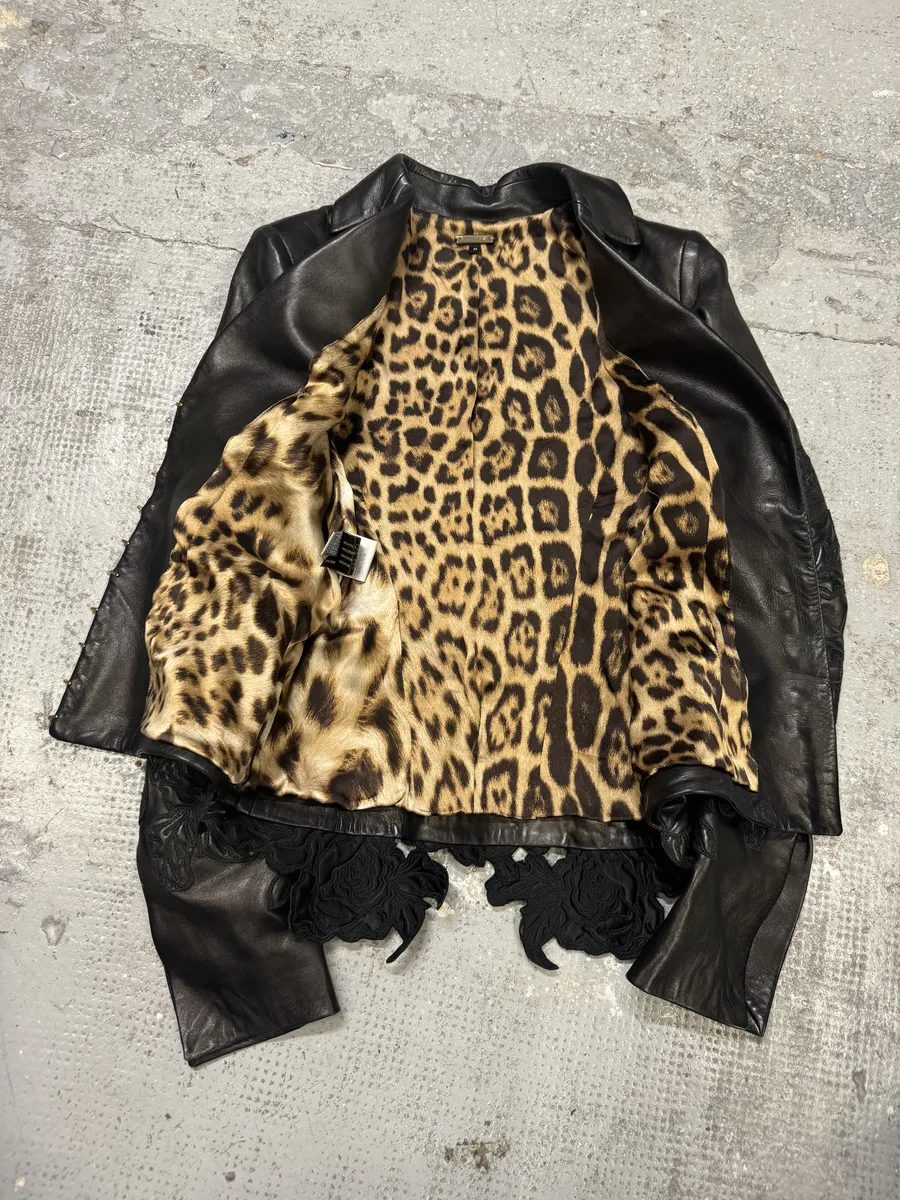 AW2003 Roberto Cavalli Flowers Black Perfored Leather Jacket - Image 3